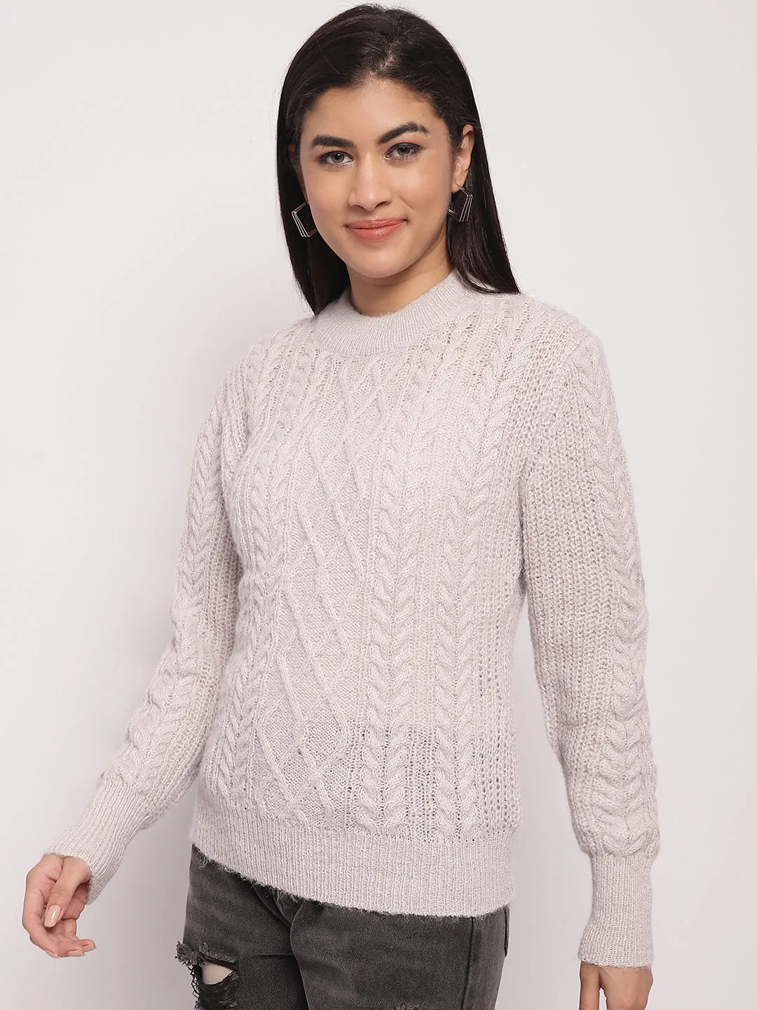 Women Light Grey Cable Knit Sweater